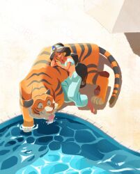  1girl aladdin_(movie) aqua_hairband aqua_pants aqua_shirt arabian_clothes black_hair breasts closed_eyes commentary_request crop_top drinking earrings from_above full_body gold_choker gold_earrings hairband harem_pants head_on_hand highres jasmine_(disney) jewelry long_hair medium_breasts midriff multi-tied_hair naco_oekaki off-shoulder_shirt off_shoulder pants parted_bangs pool poolside rajah_(disney) shirt smile tiger tongue tongue_out 