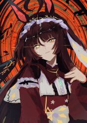  1girl absurdres ahoge animal_ears blunt_bangs blunt_ends capelet closed_mouth commentary_request frilled_hairband frills hair_between_eyes hairband hand_up highres horse_ears horse_girl long_hair long_sleeves looking_at_viewer red_background red_capelet red_desire_(umamusume) red_hairband red_shirt sfnnezl_0u0 shirt smile solo swirl umamusume very_long_hair yellow_eyes 