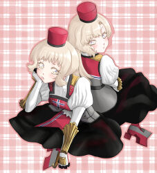 2girls back-to-back black_skirt blonde_hair breasts commentary_request eidsvold_(kancolle) gloves grey_eyes hat highres kantai_collection long_hair looking_at_viewer medium_breasts multiple_girls nekotarou_(nktr299) norge_(kancolle) pink_background plaid_background red_background red_hat rudder_footwear shirt short_hair sitting skirt white_gloves white_shirt 