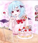  ? bat_wings blue_hair book cache2w cake character_doll colored_pencil_(medium) flandre_scarlet food fruit hong_meiling izayoi_sakuya multiple_girls no_hat no_headwear red_eyes remilia_scarlet short_hair strawberry table touhou traditional_media watercolor_(medium) wings 