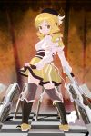  blonde_hair brown_eyes checkered checkered_floor drill_hair field_of_blades fingerless_gloves from_behind gloves gun hair_ornament hat long_hair magical_girl magical_musket mahou_shoujo_madoka_magica rifle smile solo standing thigh-highs thighhighs tomoe_mami tori_(ritcrover) twin_drills twintails vertical-striped_legwear vertical_stripes weapon zettai_ryouiki 