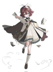  1girl :d bag bird_hair_ornament black_cape black_hat black_shoes blue_eyes bow bowtie brown_bag brown_hair cape coat dress envelope flower flutterpage flutterpage_(gently_comes_the_thawing_breeze) full_body hair_flower hair_ornament hat highres holding holding_envelope juliet_sleeves kim_chel-si leg_up lily_of_the_valley long_sleeves looking_at_viewer mailbag official_alternate_costume open_mouth origami outstretched_arm paper_crane puffy_sleeves reverse:1999 shoes short_dress short_twintails shoulder_bag smile socks solo standing standing_on_one_leg twintails white_background white_bow white_bowtie white_coat white_dress white_flower white_socks 