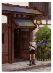  1boy belt black_boots black_shorts boots border bracer brown_belt closed_eyes closed_mouth commentary_request door fence flower hanging_light iron_fence kneehighs male_focus mogoshin original outdoors pavement purple_flower road shirt short_hair shorts socks solo standing three-quarter_sleeves tree white_border white_flower white_hair white_shirt white_socks wide_shot window 