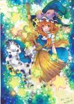 bow broom colorful dress frills gathers hat highres kirisame_marisa long_hair marker_(medium) mosho open_mouth orange_eyes orange_hair ruffles smile solo star touhou traditional_media watercolor_(medium) witch witch_hat 