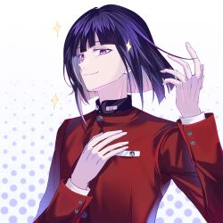  1boy buttons chinese_commentary closed_mouth colored_inner_hair commentary_request eyelashes hand_on_own_chest hand_up high_collar highres jacket long_sleeves male_focus multicolored_hair pink_eyes purple_hair red_jacket short_hair smile solo sparkle the_hundred_line_-last_defense_academy- tsukumo_ima two-tone_hair upper_body variant_set white_hair zhuixuesnow 