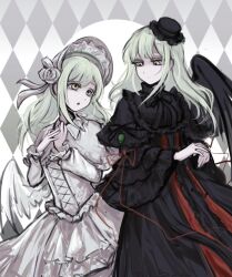  2girls bang_dream! bang_dream!_it's_mygo!!!!! black_dress black_hat black_wings bonnet closed_mouth commentary dress dual_persona green_hair hashtag-only_commentary hat highres long_hair long_sleeves looking_at_another mini_hat multiple_girls open_mouth red_ribbon ribbon shoushud sidelocks wakaba_mutsumi white_bonnet white_dress wings yellow_eyes 