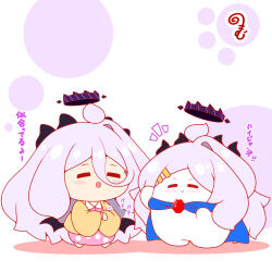  1girl :d ahoge barefoot blue_archive blue_cape blush brown_jacket cape chibi closed_eyes closed_mouth collared_shirt colored_shadow commentary_request cosplay gem grey_hair hair_ornament hairclip halo hina_(blue_archive) hina_(pajamas)_(blue_archive) horns jacket kirby_(series) kurukurumagical long_hair notice_lines open_clothes open_jacket pajamas parted_bangs pink_pajamas pink_shirt pink_skirt polka_dot polka_dot_pajamas polka_dot_shirt polka_dot_skirt red_gemstone shadow shirt single_hair_intake skirt smile standing starman_(kirby) starman_(kirby)_(cosplay) translation_request very_long_hair 