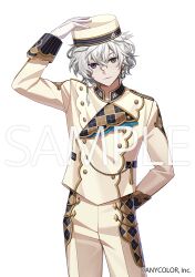  1boy alternate_costume argyle_clothes arm_up brown_hat brown_jacket brown_pants commentary_request cooking copyright_notice cowboy_shot earrings gold_trim green_eyes hanafuda_earrings hand_in_pocket hand_on_own_hip hat heterochromia jacket jewelry long_sleeves male_focus murakumo_kagetsu nijisanji official_art pants sample_watermark short_hair simple_background smile solo tuze111 violet_eyes virtual_youtuber watermark wavy_hair white_background 