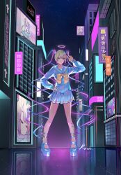  1girl absurdres backlighting blonde_hair blue_eyes blue_hair blue_serafuku blunt_bangs bow chest_bow chouzetsusaikawa_tenshi-chan city colored_tips commentary_request full_body hair_bow halo hand_on_own_hip highres kosiokkk multicolored_hair multiple_hair_bows needy_girl_overdose official_art_inset pigeon-toed pink_hair platform_sandals quad_tails reflective_floor road sandals school_uniform serafuku sidelocks solo standing street translation_request v 