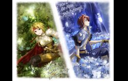  2boys anniversary armor belt bird black_pants blonde_hair brown_gloves cape commentary_request cress_albane falling_petals feet_out_of_frame field fingerless_gloves flower flower_field from_side gloves grass headband highres ikuratoro225784 jacket leaf looking_at_viewer luke_fon_fabre male_focus mountain multiple_boys nature night outdoors pants petals profile red_cape red_hair red_headband sheath sheathed short_hair short_sleeves shoulder_armor sitting sword tales_of_(series) tales_of_phantasia tales_of_the_abyss weapon white_flower white_jacket white_petals 