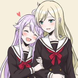  2girls :d ^_^ ahoge arm_at_side arm_hug black_serafuku black_shirt blonde_hair blue_eyes blush bow bowtie buttons closed_eyes collarbone commentary_request hair_ornament hands_on_another's_arm head_on_another's_shoulder heart highres leaning_on_person leaning_to_the_side long_hair long_sidelocks long_sleeves looking_at_another looking_to_the_side multiple_girls open_mouth otonashi_ichie parted_bangs pukupuku_(puku_shiohime) purple_hair red_bow red_bowtie rinmeikan_girls_school_uniform sailor_collar school_uniform serafuku shirt shoujo_kageki_revue_starlight shoujo_kageki_revue_starlight_-re_live- side-by-side sidelocks simple_background smile upper_body white_sailor_collar yellow_background yumeoji_fumi yuri 