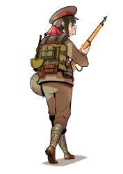  1girl absurdres arisaka back backpack bag bolt_action brown_eyes brown_hair closed_mouth commentary_request dayue gun hat helmet highres holding holding_gun holding_weapon imperial_japanese_army military military_uniform original peaked_cap rifle second_sino-japanese_war simple_background solo weapon white_background 