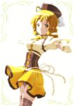  blonde_hair dress drill_hair errant hat long_hair magical_girl mahou_shoujo_madoka_magica smile solo standing thigh-highs thighhighs tomoe_mami twin_drills twintails yellow_dress yellow_eyes 