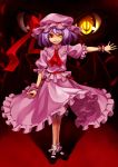  ascot bat_wings bobby_socks dress frills glowing glowing_eyes grin hat heterochromia kasei_(xyz) lavender_hair mary_janes red_eyes remilia_scarlet shoes short_hair slit_pupils smile socks solo standing touhou wings wrist_cuffs yellow_eyes 