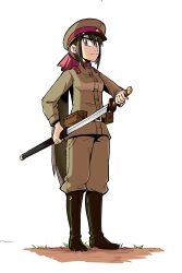  1girl absurdres brown_eyes brown_hair closed_mouth commentary_request dayue full_body hat highres holding holding_sheath holding_sword holding_weapon imperial_japanese_army katana long_hair long_sleeves looking_at_viewer military military_uniform original peaked_cap ponytail sheath simple_background solo standing sword unsheathing very_long_hair weapon white_background 