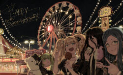  1boy 3girls absurdres akamatsu_kaede amusement_park anniversary bear_hair_ornament black_hair black_shirt blonde_hair blue_eyes blue_hair bow candy_apple character-themed_food character_doll closed_mouth collarbone commentary cotton_candy danganronpa:_trigger_happy_havoc danganronpa_(series) danganronpa_2:_goodbye_despair danganronpa_another_episode:_ultra_despair_girls danganronpa_v3:_killing_harmony doll english_commentary english_text enoshima_junko eyelashes ferris_wheel fingernails food food_stand green_eyes green_hair hair_ornament highres holding holding_candy_apple holding_cotton_candy holding_food index_finger_raised kamukura_izuru lamppost long_hair long_sleeves monokuma monomi_(danganronpa) multiple_girls night open_mouth shirogane_tsumugi shirt short_sleeves sky smile spoilers star_(symbol) suukiii teeth towa_monaca twintails upper_teeth_only v 