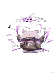  1girl :3 animal animalization black_hoodie blush cat closed_eyes clothed_animal eighth_note food food_print full_body glowstick highres holding holding_glowstick hololive hood hoodie ikayaki_(ikayaki4) musical_note nekomata_okayu no_humans onigiri onigiri_print open_mouth print_hoodie simple_background solo standing white_background 