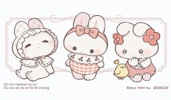  animal animal_focus artist_name ayu_(mog) baby_animal bird blush_stickers bonnet bow chick closed_eyes commentary dated dress flower highres no_humans original rabbit red_bow red_dress red_flower sleeveless sleeveless_dress solid_circle_eyes symbol-only_commentary tears watermark white_bonnet 