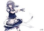  absurdres apron bow braid hair_bow highres izayoi_sakuya knife maid maid_headdress red_eyes short_hair silver_hair simple_background sola7764 sola7784 solo the_embodiment_of_scarlet_devil thigh-highs thighhighs throwing_knife touhou twin_braids weapon white_legwear white_thighhighs wink 