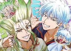  2boys black_shirt cheek_pull chibi chibi_inset commentary_request crossover dr._stone e=mc2_(equation) facial_mark finger_in_ear gintama gradient_hair green_hair grin hair_between_eyes highres ishigami_senkuu kppn_135 long_hair long_sleeves looking_at_viewer mouth_pull multicolored_hair multiple_boys notice_lines open_mouth popped_collar red_eyes sakata_gintoki shirt short_hair smile spiky_hair teeth tongue tongue_out two-tone_hair white_hair 