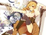  blonde_hair blush body_blush boots breasts drill_hair fingerless_gloves gloves gun hat large_breasts magical_girl magical_musket mahou_shoujo_madoka_magica mugi_(twinbox) rifle smile solo thigh-highs thighhighs tomoe_mami twin_drills twintails vertical-striped_legwear vertical_stripes weapon wink yellow_eyes zettai_ryouiki 