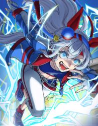  1girl animal_ears ayrw7t1 belt blue_eyes blue_hairband blue_jacket blue_sports_bra commentary_request crop_top ear_covers electricity fang fingerless_gloves gloves grey_hair grey_tail hair_between_eyes hairband headband highres horse_ears horse_girl horse_tail jacket lightning lightning_bolt_print lightning_bolt_symbol long_hair long_sleeves midriff navel open_mouth pants red_belt red_headband running smile solo sports_bra striped_clothes striped_hairband tail tamamo_cross_(umamusume) tamamo_cross_(with_lightning_speed)_(umamusume) teeth umamusume very_long_hair white_pants 