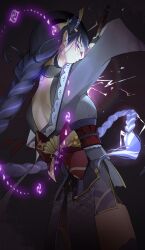  1girl absurdres arm_up back back_bow back_tattoo blunt_bangs bow bridal_gauntlets commentary drawing_sword electricity energy_beam english_commentary fan_hair_ornament floating_hair from_behind from_side genshin_impact glowing glowing_hair glowing_sword glowing_tattoo glowing_weapon gradient_hair hair_ornament highres holding holding_sword holding_weapon human_scabbard japanese_clothes jelmul kimono light_blush light_particles lingerie long_hair long_sleeves looking_at_viewer looking_to_the_side mitsudomoe_(shape) mole mole_under_eye multicolored_hair musou_isshin_(genshin_impact) open_mouth purple_background purple_hair purple_kimono raiden_shogun rainbow red_sash sash solo standing streaked_hair sword sword_between_breasts tattoo thighs tomoe_(symbol) underwear upper_body violet_eyes weapon wide_sleeves 