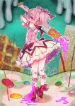  blood bow bubble_skirt choker dress gloves hair_bow kaname_madoka kneepits kuma_jet looking_back magical_girl mahou_shoujo_madoka_magica pink_eyes pink_hair puffy_sleeves short_hair short_twintails staff twintails witch's_labyrinth 