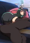  animal_ears arms_behind_head ass black_hair black_legwear black_thighhighs blush cat_ears couch feet foreshortening k-on! legs long_hair lying nakano_azusa photo_(object) picture pillow plant pov_feet shorts sketch solo sora_to_umi thigh-highs thighhighs twintails 