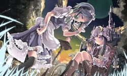  2girls apron black_legwear blue_eyes book castle crescent dress hat highres izayoi_sakuya long_hair maid_headdress multiple_girls patchouli_knowledge purple_hair saraki silver_hair thigh-highs thigh_strap touhou tray violet_eyes wrist_cuffs 