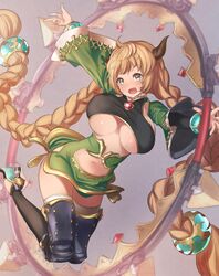  1girl armor blue_eyes bouncing_breasts braid breasts brown_hair fang granblue_fantasy horns large_breasts long_hair navel skirt smile solo thigh-highs twin_braids under_boob very_long_hair yaman_(yamanta_lov) 