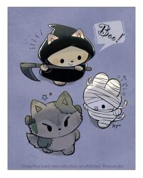  :d animal animal_focus ayu_(mog) bandages border closed_mouth commentary_request cosplay death_(entity) english_commentary fox grim_reaper grim_reaper_(cosplay) halloween holding holding_scythe mixed-language_commentary no_humans object_through_head open_mouth original patchwork_skin purple_background rabbit romaji_commentary screw_in_head scythe signature smile solid_circle_eyes sparkle star_(symbol) twitter_username v-shaped_eyes watermark white_border wolf zombie 