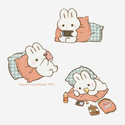  1other ayu_(mog) bag_of_chips bottle cellphone chibikemo chips_(food) commentary cookie eating english_commentary english_text food furry handheld_game_console holding holding_handheld_game_console juice mixed-language_commentary multiple_views nintendo_switch original other_focus phone pillow plaid_pillow potato_chips rabbit romaji_commentary simple_background smartphone white_background white_fur 