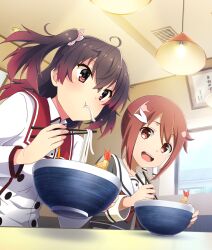  2girls :d :t ahoge asakura_mihono bow bowl bowtie brown_hair buttons chopsticks crossover day dot_nose double-breasted eating flower food game_cg gradient_hair grey_shirt hair_flower hair_ornament hanging_light holding holding_chopsticks indoors long_sleeves looking_at_another medium_hair minoseki_gakuin_uniform multicolored_hair multiple_girls noodles official_art pink_flower red_bow red_bowtie red_eyes red_hair red_sailor_collar restaurant sailor_collar sanshuu_middle_school_uniform school_uniform shirt short_hair short_side_ponytail shrimp shrimp_tempura sign smile teeth tempura third-party_source toji_no_miko toji_no_miko:_kizamishi_issen_no_tomoshibi twintails upper_teeth_only white_sailor_collar white_shirt window yuuki_yuuna yuuki_yuuna_wa_yuusha_de_aru yuusha_de_aru 