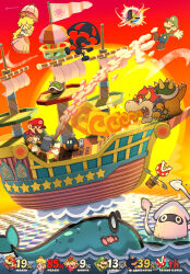  1girl 4boys armlet battle blonde_hair blooper_(mario) blue_overalls bob-omb bowser bracelet breath_weapon breathing_fire brown_hair brown_shoes character_name commentary_request crown dress earrings elbow_gloves facial_hair fangs fire flower_pot game_&amp;_watch gloves gradient_sky green_hat green_shell_(mario) green_shirt hammer hat highres holding holding_hammer holding_umbrella horns jewelry long_hair luigi maribou_(supermaribou) mario midair mr._game_&amp;_watch multiple_boys mustache ocean open_mouth outdoors overalls paper_bowser paper_luigi paper_mario paper_mario_(character) paper_mario_(style) paper_peach parasol pink_dress pink_umbrella piranha_plant plant potted_plant princess_peach puffy_short_sleeves puffy_sleeves red_hair red_hat red_shirt red_sky ship shirt shoes short_hair short_sleeves sky smash_ball sphere_earrings spiked_armlet spiked_bracelet spiked_shell spikes sun super_mario_bros. super_smash_bros. turtle_shell twitter_username umbrella watercraft whale white_gloves 