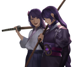  2girls armor belt blue_skirt bow braid closed_mouth commentary cowboy_shot fan_hair_ornament fingernails gem genshin_impact hair_ornament hakama hakama_skirt hand_fan hand_up holding holding_sword holding_weapon japanese_armor japanese_clothes katana kimono kote kurokote lips long_hair long_sleeves looking_at_another low-braided_long_hair low-tied_long_hair makoto_(genshin_impact) mitsudomoe_(shape) multiple_girls open_mouth over_shoulder pink_sash purple_belt purple_gemstone purple_hair purple_kimono raiden_shogun sash short_sleeves siblings simple_background single_braid sisters skirt smile standing suqling sword symbol-only_commentary teeth tomoe_(symbol) twins violet_eyes vision_(genshin_impact) weapon weapon_over_shoulder white_background white_bow white_kimono wide_sleeves 