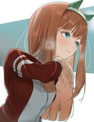  1girl animal_ears blue_eyes blunt_bangs blunt_ends blush brown_hair closed_mouth commentary_request green_hairband hairband hand_up highres horse_ears horse_girl jacket long_hair long_sleeves multicolored_jacket red_jacket sei_(bigaa) silence_suzuka_(umamusume) solo steaming_body sweatdrop track_jacket two-tone_jacket umamusume white_jacket 