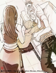  2boys 2girls absurdres apron bare_arms bare_shoulders black_pants bow cloud_strife commentary_request couch denzel_(ff7) final_fantasy final_fantasy_vii final_fantasy_vii:_advent_children from_above from_behind hair_bow hair_ribbon hands_on_another's_cheeks hands_on_another's_face highres indoors kneeling konasu_(01burst) long_hair looking_at_another lying marlene_wallace multiple_boys multiple_girls on_back on_couch open_mouth pants pillow ribbed_shirt ribbon shirt short_hair sleeping sleeveless sleeveless_shirt spiky_hair squeezing_cheeks standing tifa_lockhart waist_apron 