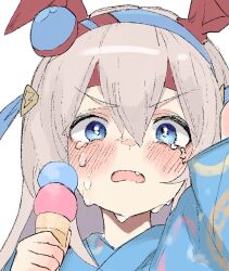  1girl animal_ears blue_eyes blue_hairband blush crying ear_covers ear_ornament fang food grey_hair hair_between_eyes hairband headband horse_ears horse_girl ice_cream japanese_clothes kaiwan_(kaiwan_zhang) kimono long_hair long_sleeves open_mouth red_headband shirt solo striped_clothes striped_hairband tamamo_cross_(umamusume) tears umamusume very_long_hair yukata 