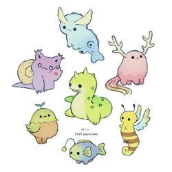  :< animal_focus artist_name ayu_(mog) bee bird bug closed_mouth commentary dragon english_commentary fangs fangs_out fish no_humans o_o original simple_background skin_fangs snail snake solid_circle_eyes twitter_username white_background 