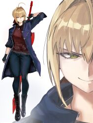  1girl absurdres aestus_estus ahoge blue_jacket boots braid commentary cosplay denim english_commentary fate/extra fate_(series) fingerless_gloves gloves green_eyes grey_shirt hair_intakes highres jacket jeans lace-up_boots looking_at_viewer name_connection nero_(devil_may_cry) nero_(devil_may_cry)_(cosplay) nero_claudius_(fate) nero_claudius_(fate/extra) pants red_sweater ribbon shirt simple_background smile solo sweater torn_clothes torn_sweater yotsutsu428 