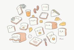  >_< :< :3 artist_name ayu_(mog) bird bread bread_slice butter closed_eyes commentary_request cup drinking_glass egg_(food) english_commentary food food_focus fork juice loaf_of_bread mixed-language_commentary no_humans orange_juice original romaji_commentary sandwich sausage simple_background solid_circle_eyes teardrop white_background x3 