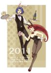  animal_costume animal_ears bottle bowtie breasts bunny_ears bunny_girl bunny_tail bunnysuit butler card cards cleavage cup detached_collar formal hand_on_hip hips holding holding_card kojirou_(pokemon) legs long_hair musashi_(pokemon) no_bangs pantyhose pokemon pokemon_(anime) red_hair redhead short_hair standing_on_one_leg tablet tray usao_(313131) wine_glass wink wrist_cuffs 