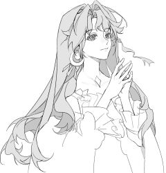  1girl beryl_bouanich closed_mouth crescent crescent_earrings earrings floating_earrings greyscale hands_up hashtag-only_commentary highres hydrogen_fish jewelry long_hair looking_ahead monochrome own_hands_together reverse:1999 smile solo upper_body white_background 