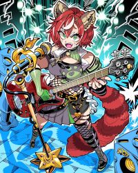  1girl asymmetrical_clothes bass_guitar boots breasts commission fishnet_thighhighs fishnet_top fishnets full_body gibson_sg_(bass) green_eyes hair_ornament half-skirt holding holding_plectrum indie_virtual_youtuber instrument kafun khiren_(vtuber) medium_breasts microphone microphone_stand music open_mouth playing_bass_guitar playing_instrument pleated_skirt plectrum red_hair red_nails red_panda_ears red_panda_girl red_panda_tail red_tail short_hair skirt solo standing thigh-highs virtual_youtuber white_streaks x_hair_ornament 