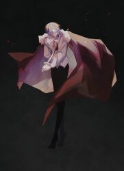  1boy absurdres arm_behind_back black_background black_pants black_shoes bleeding blonde_hair blood blood_drip blood_on_clothes blood_sword bowing cape closed_eyes commentary crossed_legs curtsey dress_shirt embers expressionless facing_to_the_side full_body fur-trimmed_cape fur_trim grey_hair highres holding holding_sword holding_weapon impaled injury male_focus original pants red_cape red_ribbon ribbon self-harm shirt shoes sword tiptoes turning_head untucked_shirt vignetting weapon white_shirt wind yuhan_(hyh6217) 