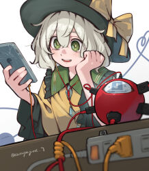  1girl :d bow cellphone charging_device collared_shirt commentary_request electrical_outlet frilled_shirt_collar frilled_sleeves frills green_eyes green_hair green_hat hair_between_eyes hat hat_bow head_rest heart heart_of_string highres holding holding_phone kanpa_(campagne_9) komeiji_koishi listening_to_music long_sleeves medium_hair mp3_player phone power_strip shirt smartphone smile solo third_eye touhou twitter_username upper_body wide_sleeves yellow_bow yellow_shirt yin_yang yin_yang_print 
