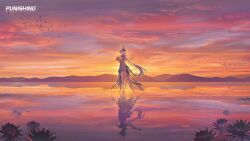  1girl absurdres ankle_cuffs body_markings bouquet clouds copyright_name floating_headgear flock flower frilled_cuffs headgear highres holding holding_bouquet liv:_limpidity_(pgr) liv_(pgr) long_hair looking_at_object lotus mountainous_horizon official_art parted_lips ponytail punishing:_gray_raven reflection reflective_liquid single_ankle_cuff solo standing sunset tiptoes very_long_hair very_wide_shot violet_eyes white_hair white_wrist_cuffs wrist_cuffs 
