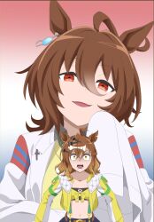  2girls absurdres agnes_tachyon_(tach-nology)_(umamusume) agnes_tachyon_(umamusume) ahoge animal_ears bandeau chemical_structure coat commentary_request constricted_pupils crossed_bangs doujinshi_cover_trope_(trend) ear_ornament earrings gradient_background hair_between_eyes hair_ornament hairclip head_tilt highres horse_ears horse_girl jacket jewelry jungle_pocket_(champion's_battle_cry)_(umamusume) jungle_pocket_(umamusume) lab_coat multiple_girls navel notched_ear open_clothes open_coat open_jacket open_mouth pota_suko projected_inset red_eyes sleeves_past_fingers sleeves_past_wrists smile stomach suspenders sweater umamusume upper_body v-shaped_eyebrows white_coat wolf_cut yellow_bandeau yellow_eyes yellow_jacket yellow_sweater 