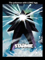  black_border border commentary_request english_text fog glowing haihara_yuuya highres mega_starmie movie_poster_(medium) no_humans parody pokemon pokemon_(creature) pokemon_legends:_z-a poster_(medium) poster_parody standing starmie straight-on the_thing 